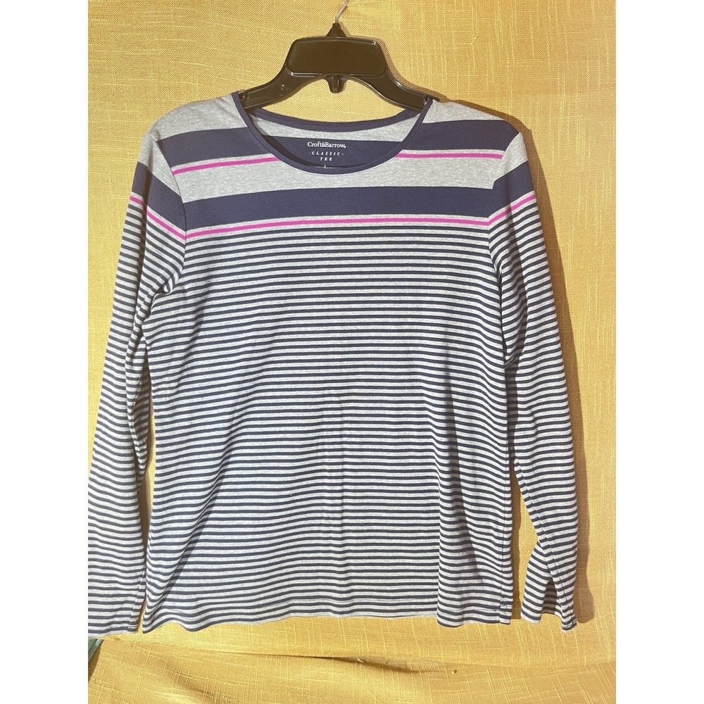 Croft & Barrow Womens Large Striped Long Sleeve Shirt Navy Gray Pink